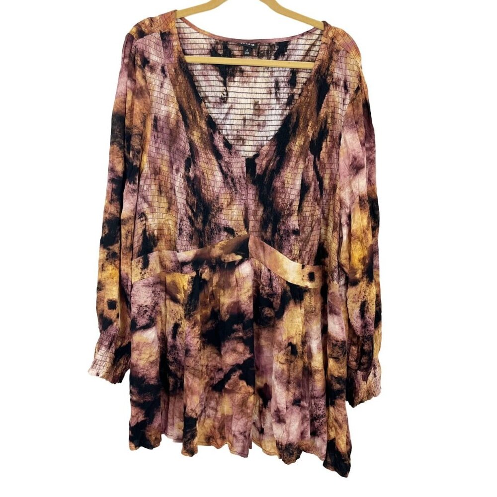 Torrid Brown Tie-Dye‎ Smocked Long Sleeve Mini Dress Rayon Boho - Size 4X